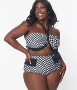 Unique Vintage Two Piece Swim|Swim Tops>Plus Size Black & White Bias Gingham Twist Front Halter Swim Top