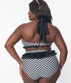 Unique Vintage Two Piece Swim|Swim Tops>Plus Size Black & White Bias Gingham Twist Front Halter Swim Top