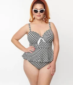 Unique Vintage Two Piece Swim|Swim Bottoms>Plus Size Black & White Gingham Daphne Swim Bottoms