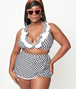 Unique Vintage Two Piece Swim|Swim Tops>Plus Size Black & White Gingham Halter Swim Top