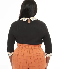 Unique Vintage Sweaters & Cardigans|Sweaters & Cardigans>Plus Size Black & White Halloween Print Contrast Sabrina Sweater