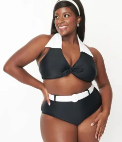 Unique Vintage Two Piece Swim|Swim Tops>Plus Size Black & White Halter Swim Top
