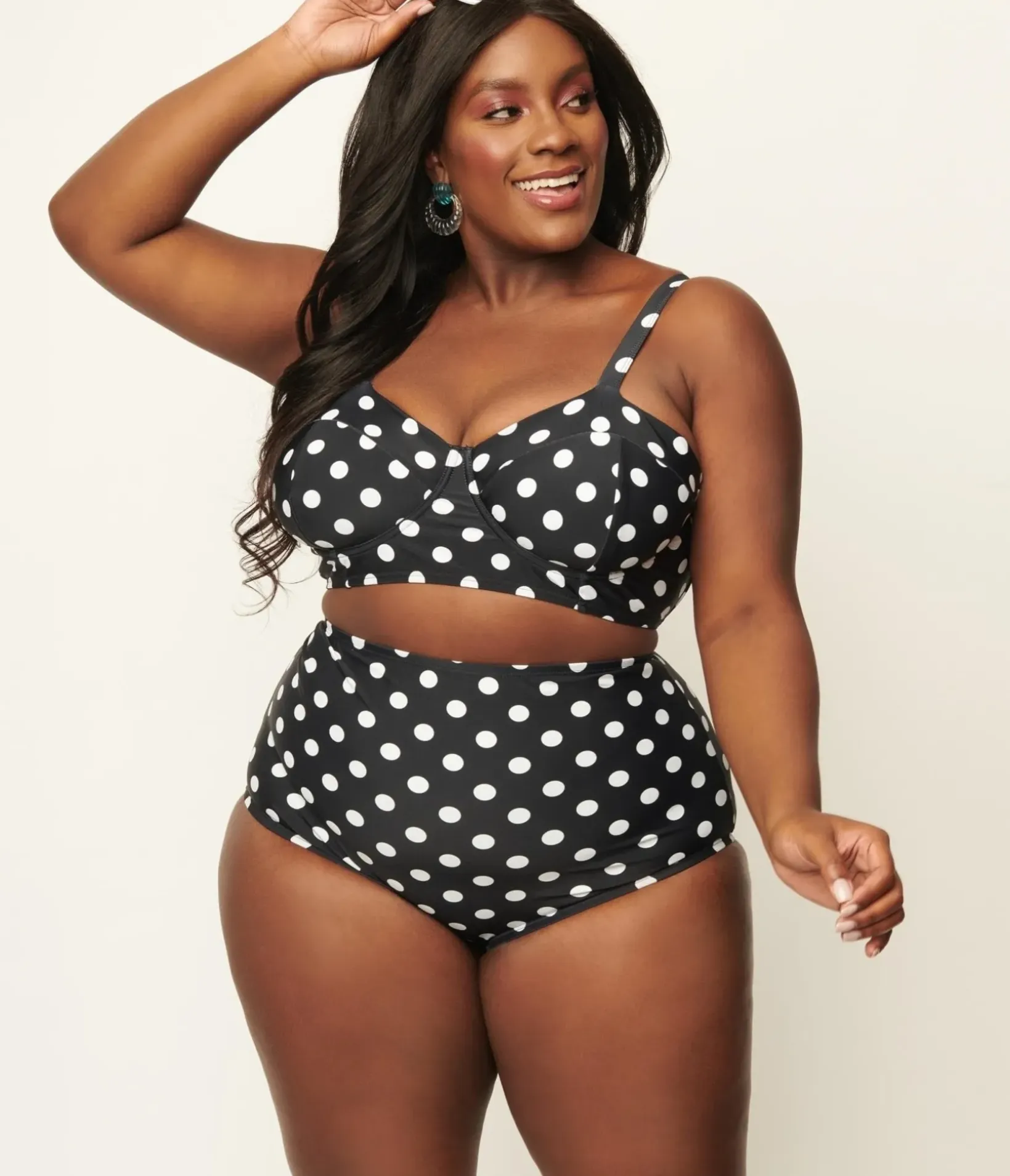 Unique Vintage Two Piece Swim|Swim Bottoms>Plus Size Black & White Polka Dot High Waist Louise Swim Bottoms
