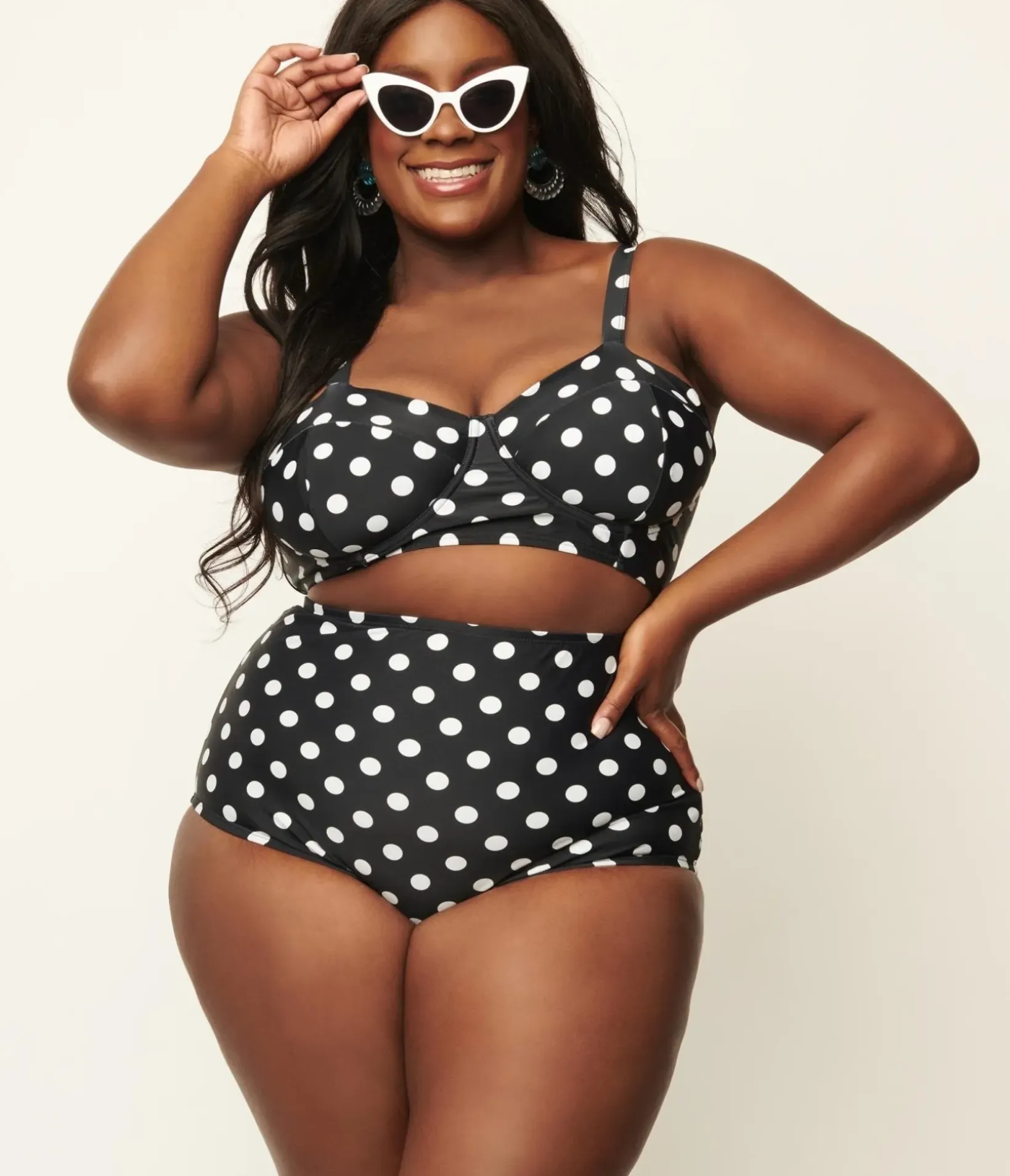 Unique Vintage Two Piece Swim|Swim Bottoms>Plus Size Black & White Polka Dot High Waist Louise Swim Bottoms