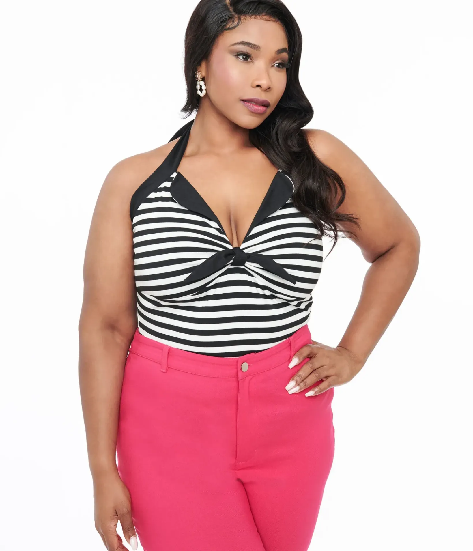 Unique Vintage All Things Black|Summer Vacation>Plus Size Black & White Striped Halter Top