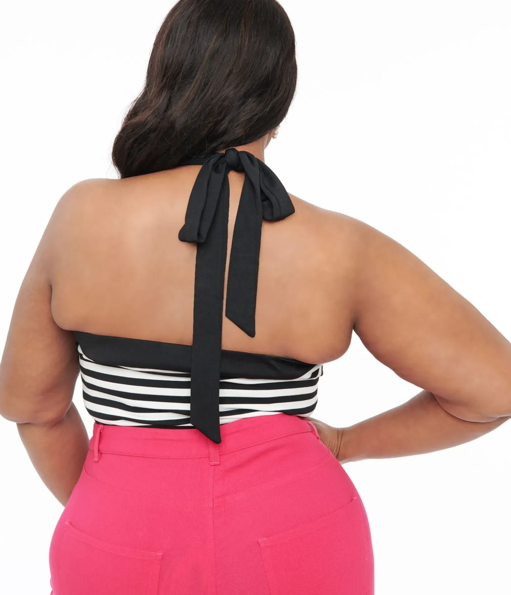 Unique Vintage All Things Black|Summer Vacation>Plus Size Black & White Striped Halter Top