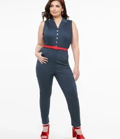 Unique Vintage Rompers & Jumpsuits|Rompers & Jumpsuits>Plus Size Blue Denim & Red Belt Skinny Jumpsuit
