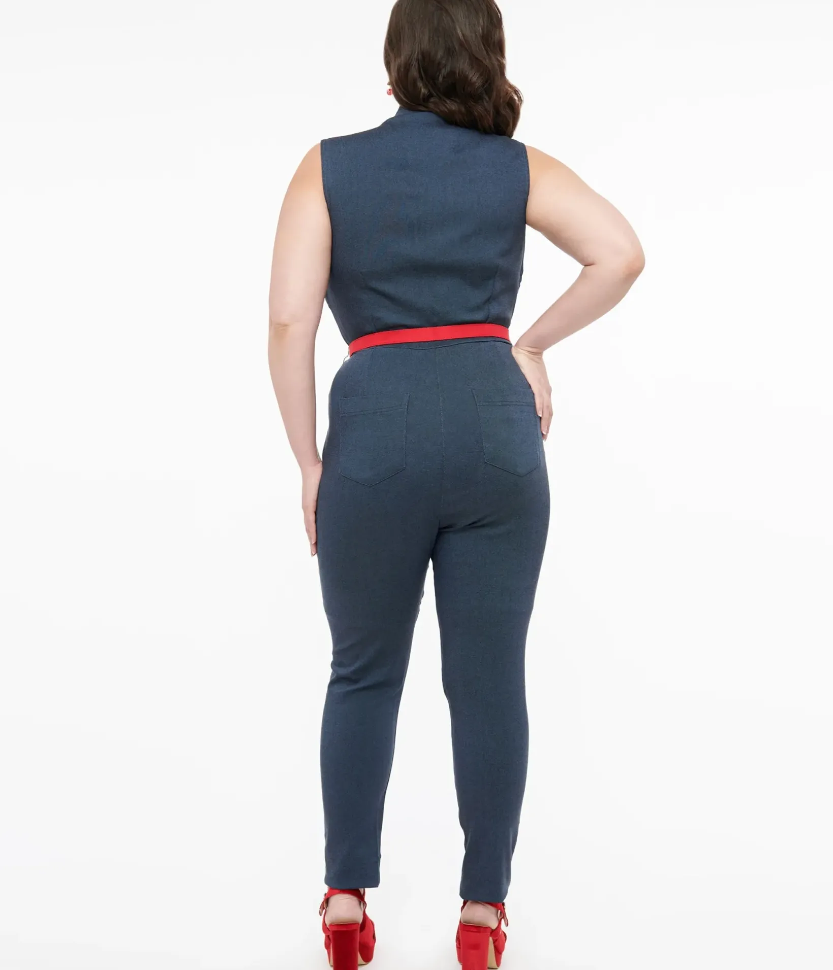 Unique Vintage Rompers & Jumpsuits|Rompers & Jumpsuits>Plus Size Blue Denim & Red Belt Skinny Jumpsuit
