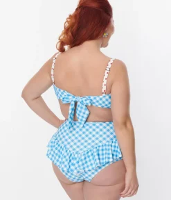Unique Vintage Two Piece Swim|Swim Tops>Plus Size Blue Gingham Buckle Swim Top