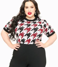 Unique Vintage Sweaters & Cardigans|Sweaters & Cardigans>Plus Size Burgundy & Black Cat Houndstooth Paige Sweater