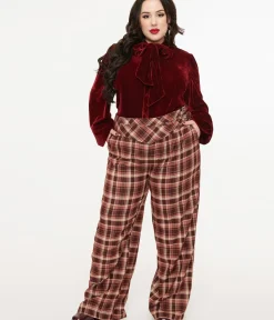 Unique Vintage Pants|Pants>Plus Size Burgundy Plaid Double Belt Woven Pants