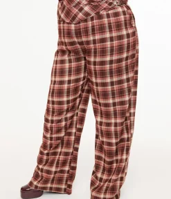 Unique Vintage Pants|Pants>Plus Size Burgundy Plaid Double Belt Woven Pants