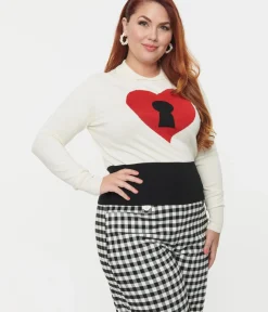 Unique Vintage All Things Red>Plus Size Cream & Red Locked Heart Sweater