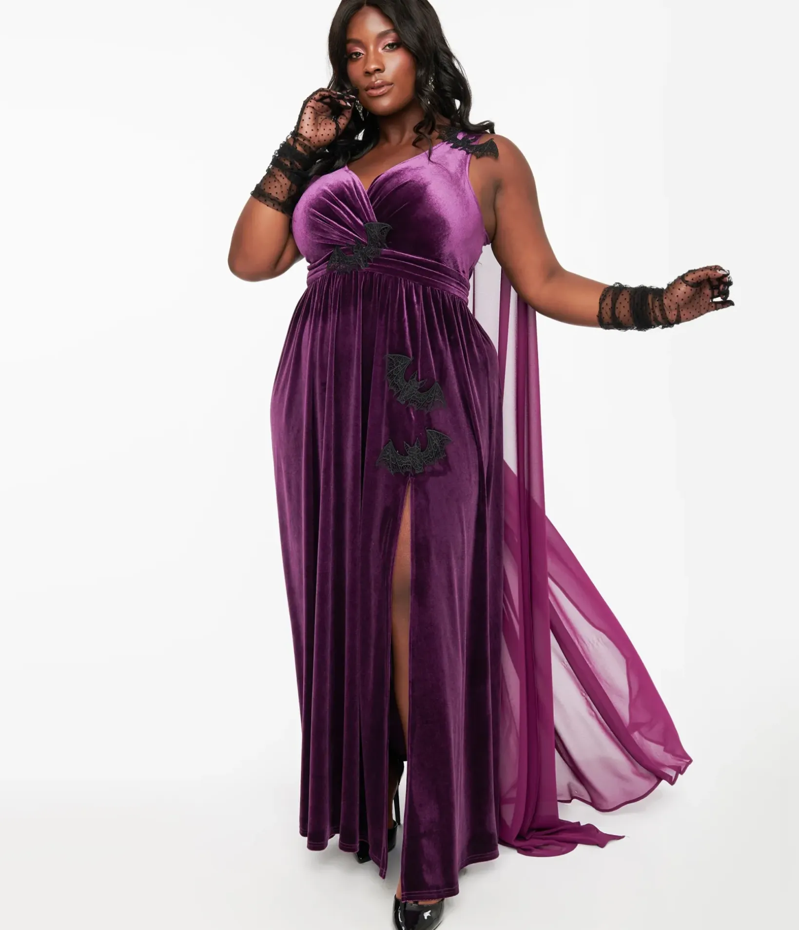 Unique Vintage Everyday Dresses|Halloween>Plus Size Eggplant & Black Bat Velvet Cape Gown