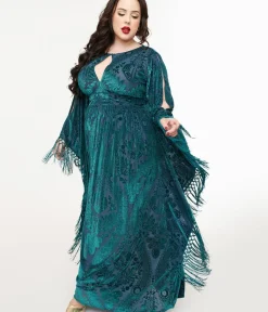 Unique Vintage Maxi|Caftans>Plus Size Emerald Floral Fringe Flutter Sleeve Caftan