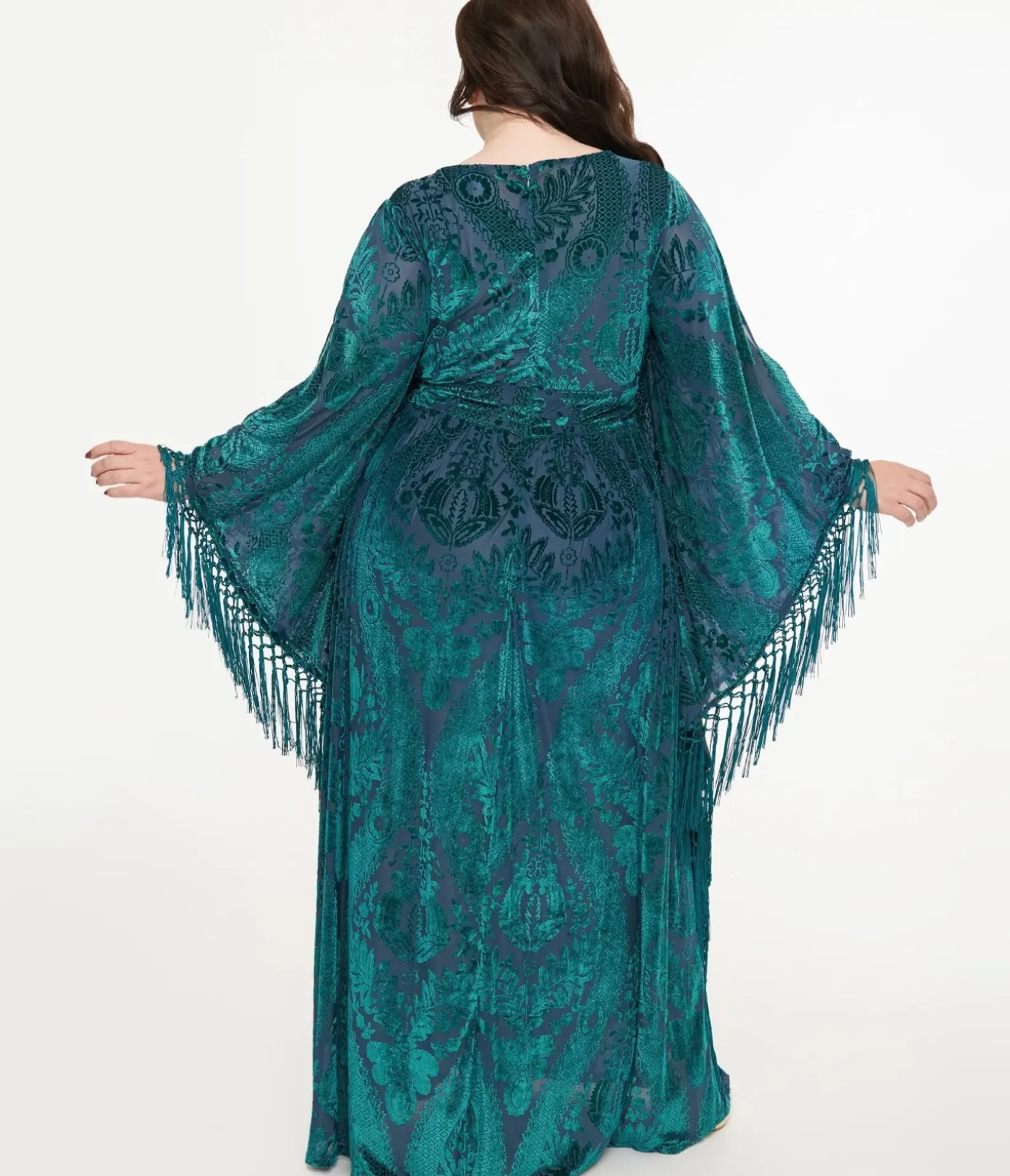 Unique Vintage Maxi|Caftans>Plus Size Emerald Floral Fringe Flutter Sleeve Caftan