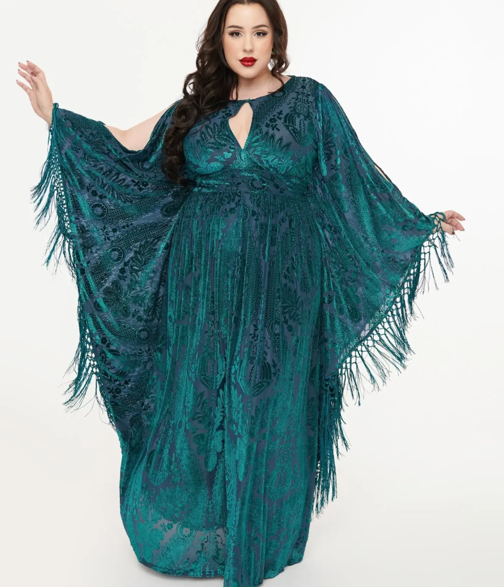 Unique Vintage Maxi|Caftans>Plus Size Emerald Floral Fringe Flutter Sleeve Caftan