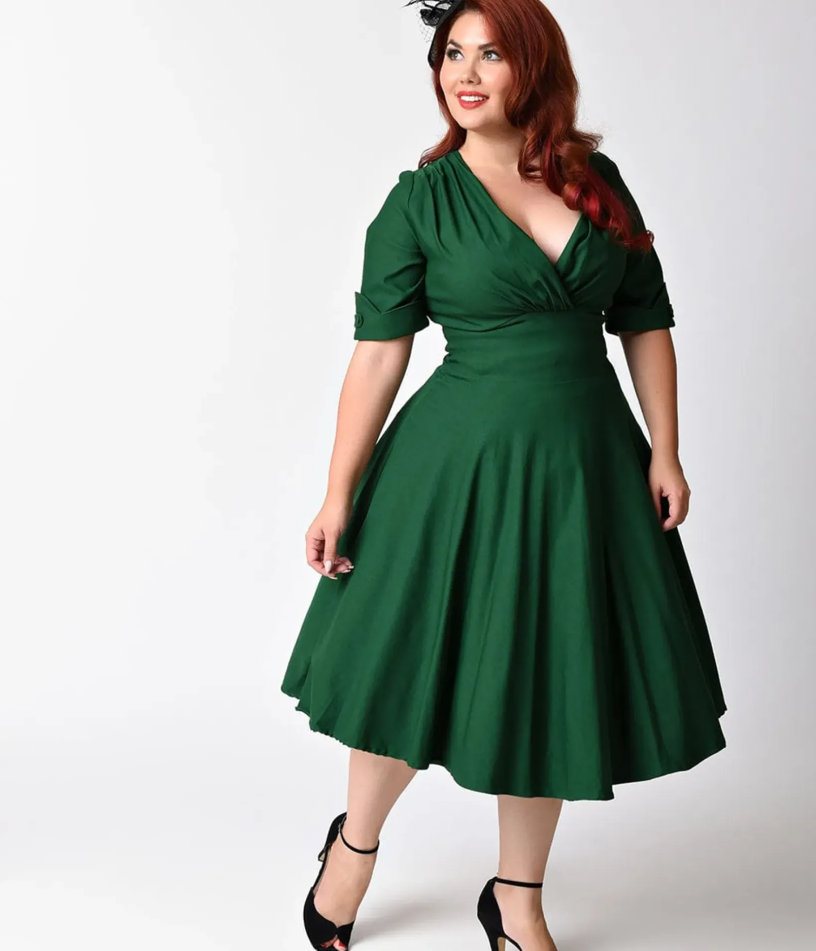 Unique Vintage Swing|Pocket Dresses>Plus Size Emerald Green Delores Swing Dress with Sleeves