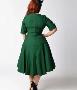 Unique Vintage Swing|Pocket Dresses>Plus Size Emerald Green Delores Swing Dress with Sleeves