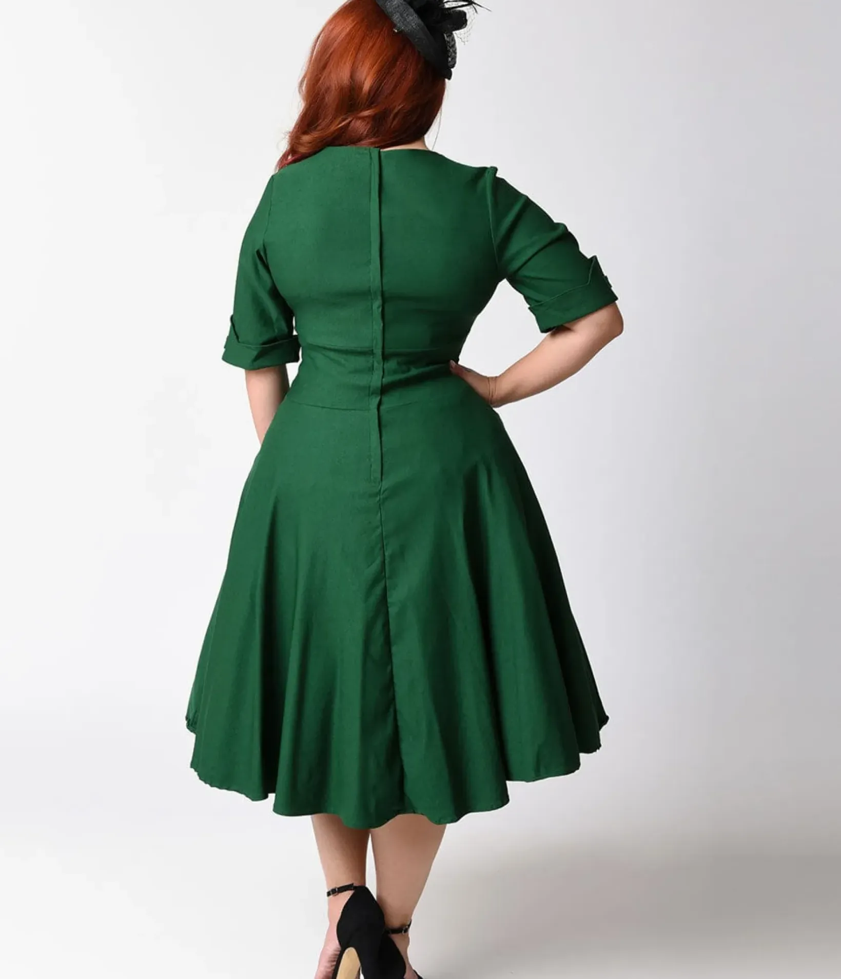 Unique Vintage Swing|Pocket Dresses>Plus Size Emerald Green Delores Swing Dress with Sleeves
