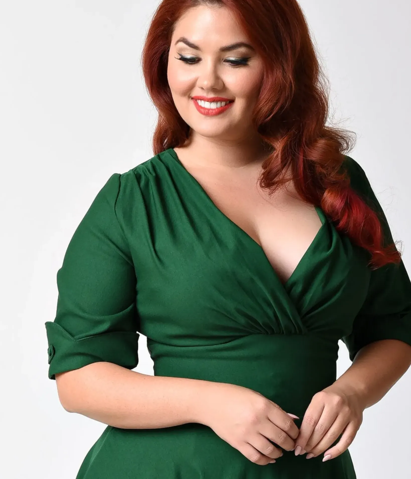 Unique Vintage Swing|Pocket Dresses>Plus Size Emerald Green Delores Swing Dress with Sleeves