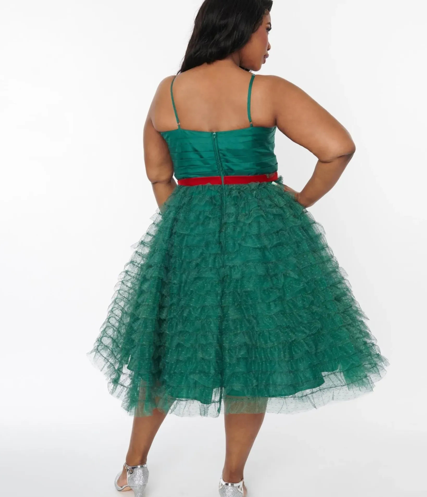 Unique Vintage Swing|Swing>Plus Size Emerald Green & Red Ribbon Tulle Cupcake Swing Dress