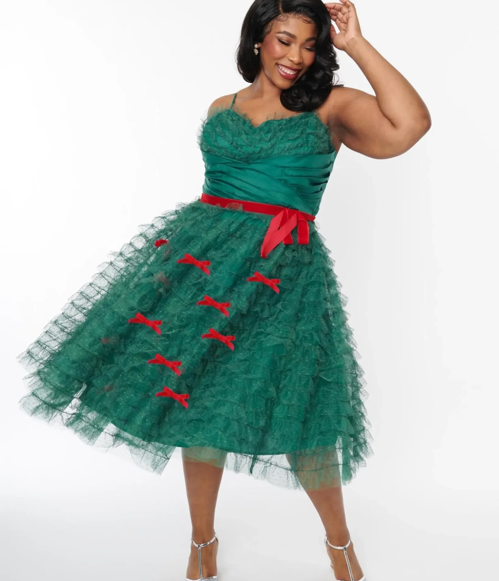 Unique Vintage Swing|Swing>Plus Size Emerald Green & Red Ribbon Tulle Cupcake Swing Dress