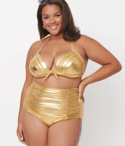 Unique Vintage Swim Tops|Two Piece Swim>Plus Size Gold Monroe Halter Swim Top