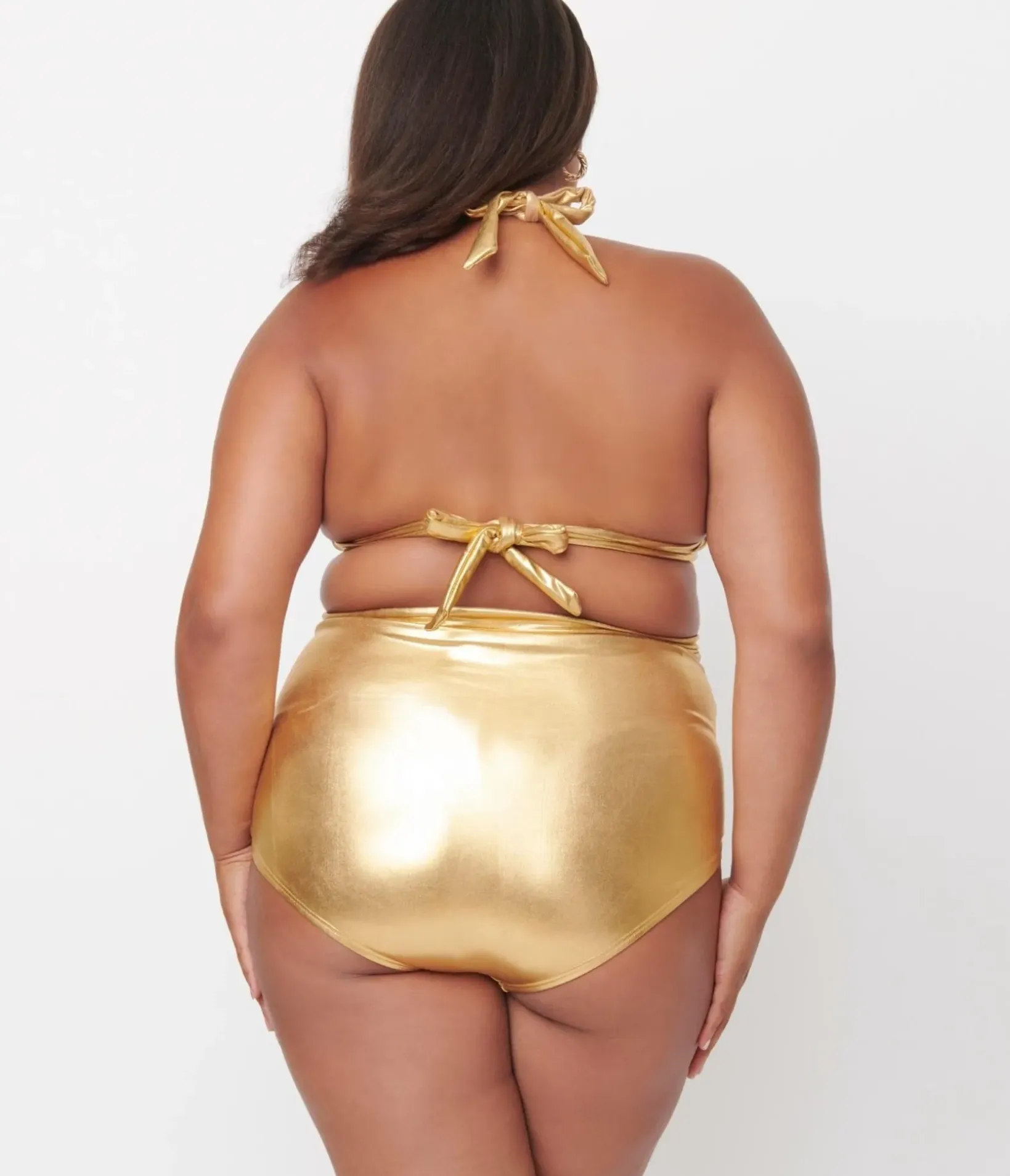 Unique Vintage Swim Tops|Two Piece Swim>Plus Size Gold Monroe Halter Swim Top