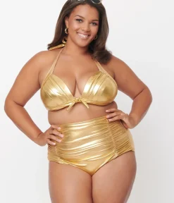 Unique Vintage Two Piece Swim|Swim Bottoms>Plus Size Gold Monroe High Waist Swim Bottom