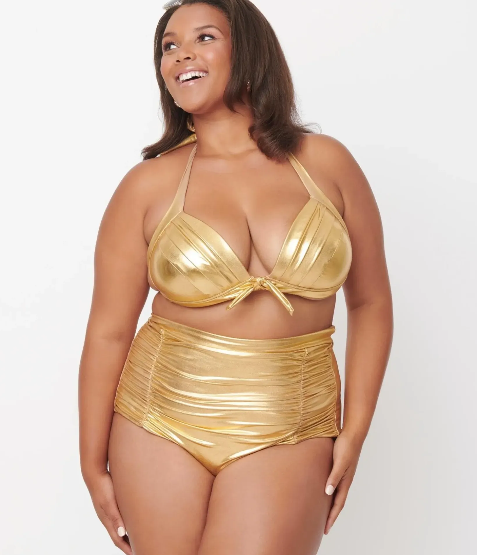 Unique Vintage Two Piece Swim|Swim Bottoms>Plus Size Gold Monroe High Waist Swim Bottom