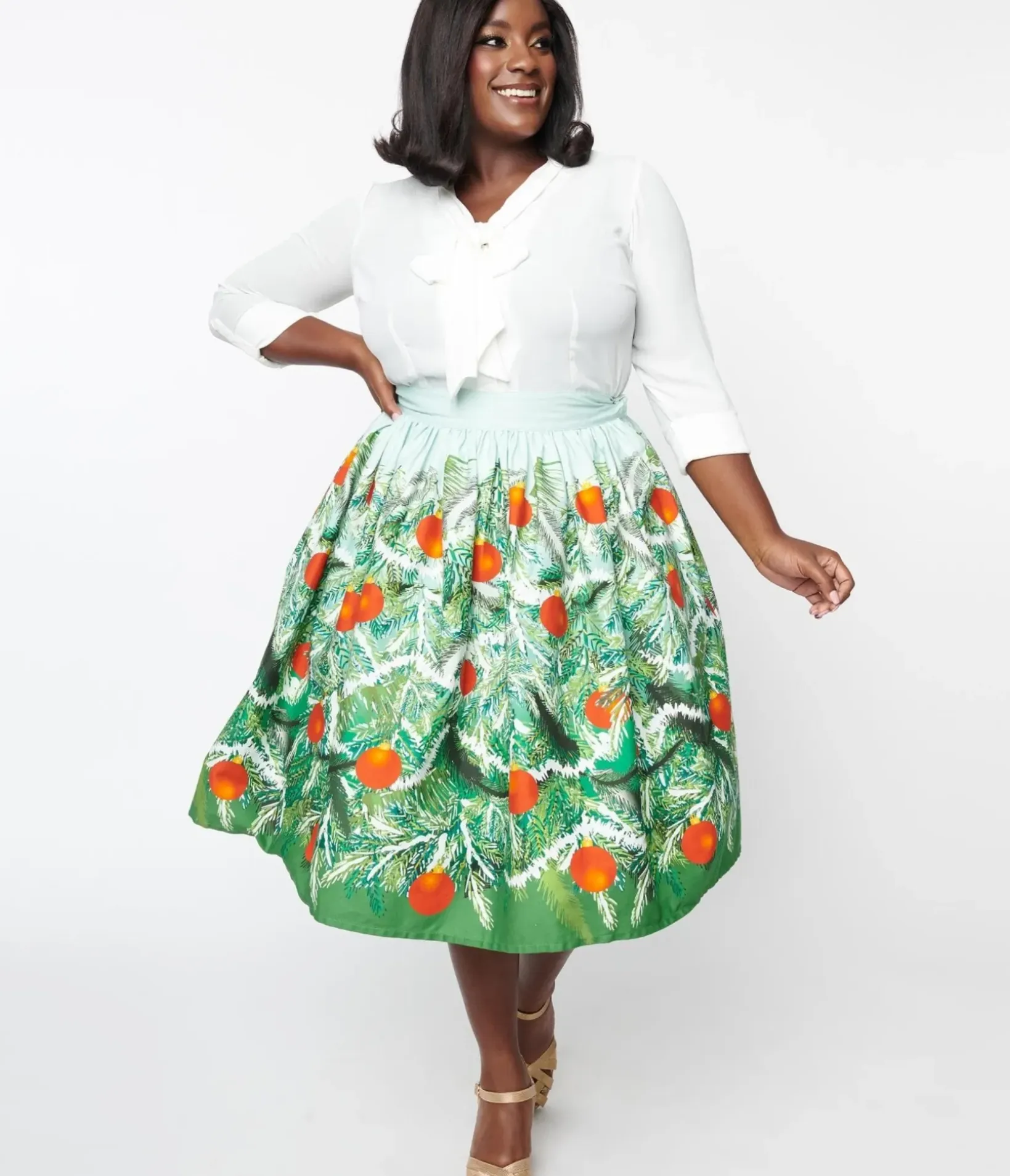 Unique Vintage Skirts|Skirts>Plus Size Green Evergreen & Red Ornaments Swing Skirt