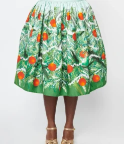 Unique Vintage Skirts|Skirts>Plus Size Green Evergreen & Red Ornaments Swing Skirt