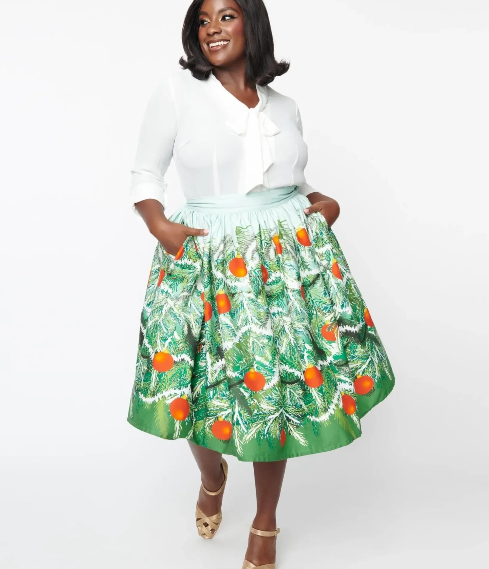 Unique Vintage Skirts|Skirts>Plus Size Green Evergreen & Red Ornaments Swing Skirt