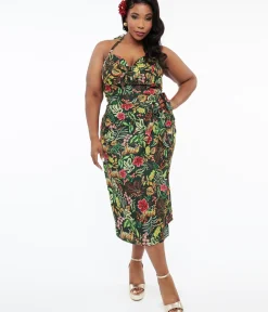 Unique Vintage Pencil|Pencil>Plus Size Green Jungle Cat Print Leilani Sarong Dress
