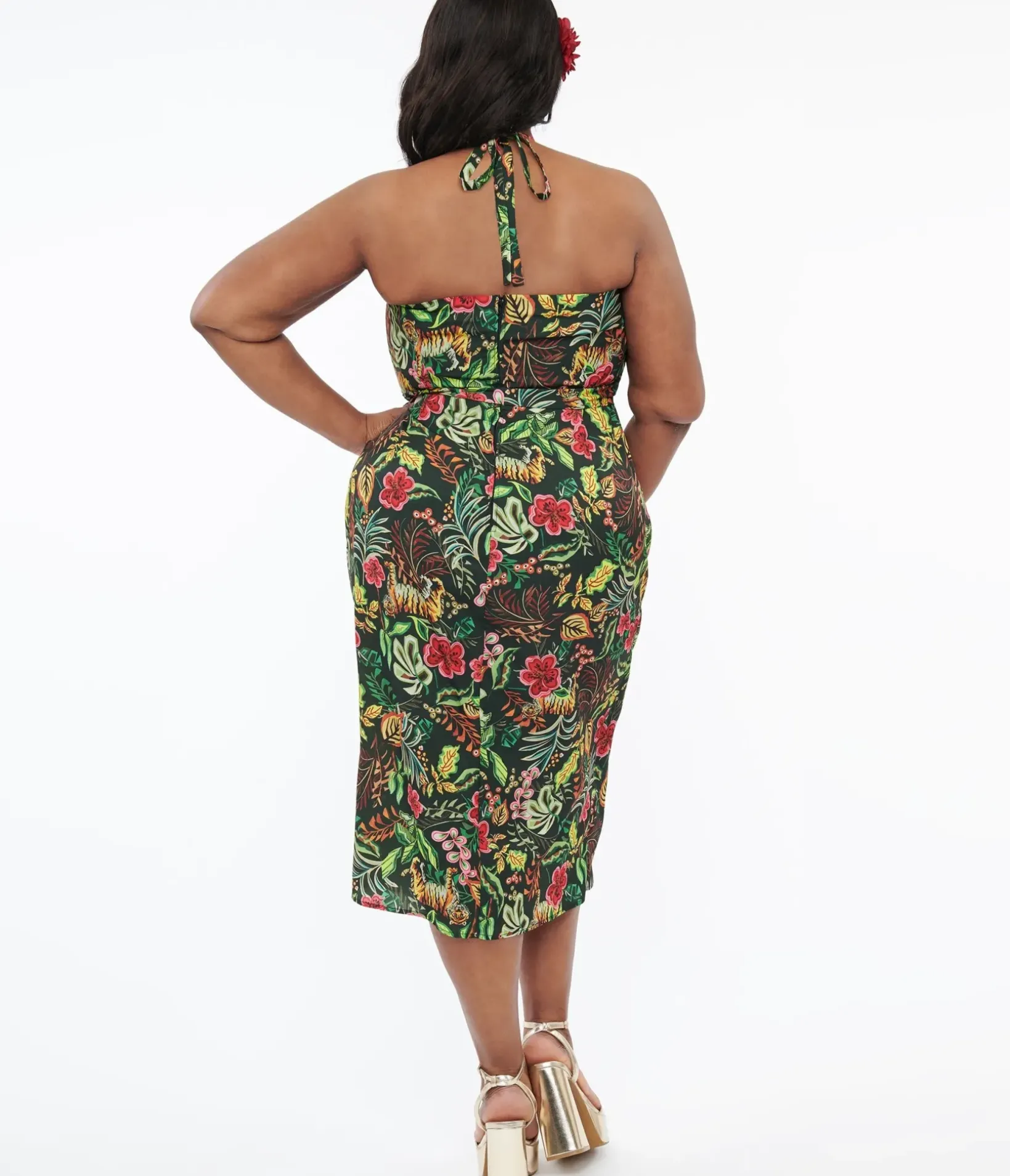 Unique Vintage Pencil|Pencil>Plus Size Green Jungle Cat Print Leilani Sarong Dress