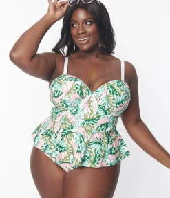 Unique Vintage Two Piece Swim|Swim Tops>Plus Size Green Monstera Print Solana Tankini Swim Top