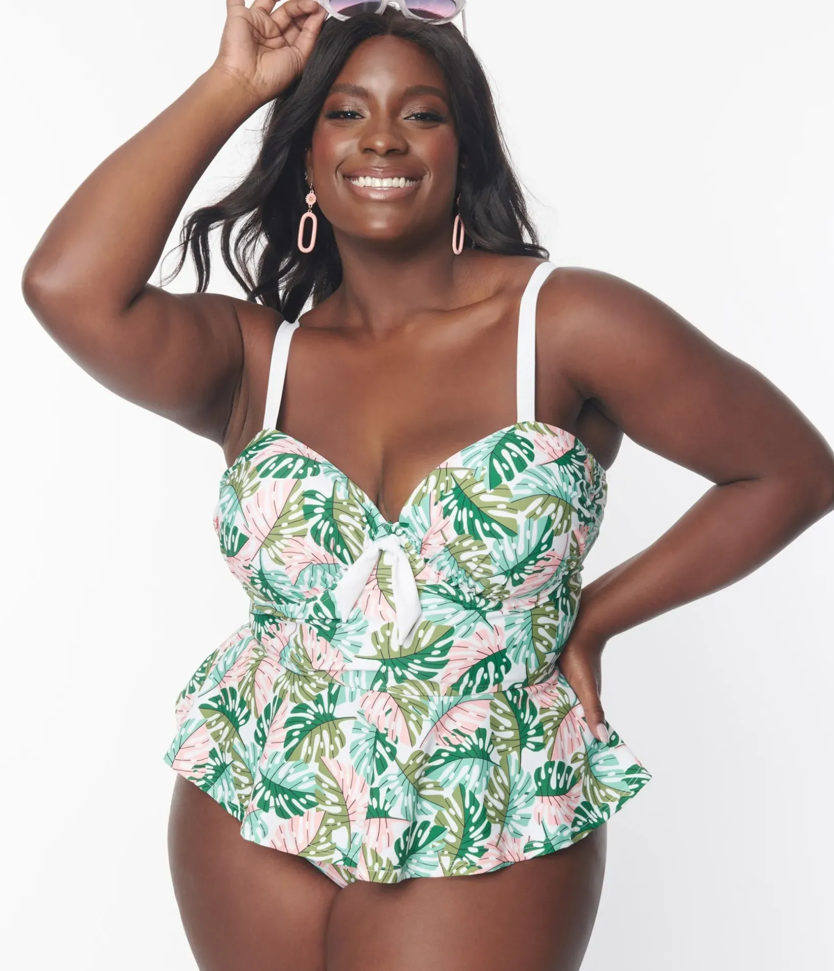 Unique Vintage Two Piece Swim|Swim Tops>Plus Size Green Monstera Print Solana Tankini Swim Top