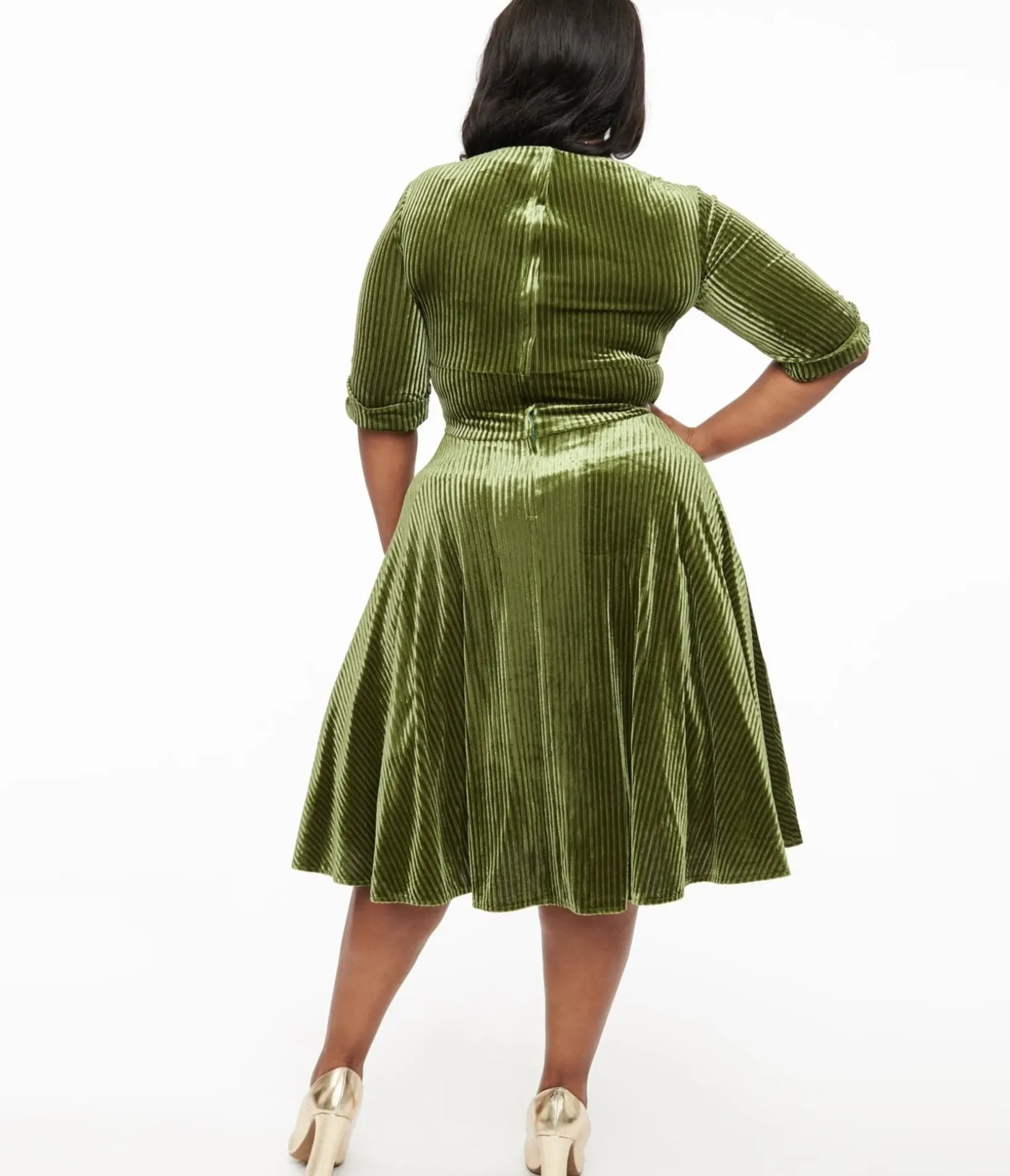 Unique Vintage Swing|Wedding Guest>Plus Size Green 1950s Moss Green Velvet Delores Swing Dress