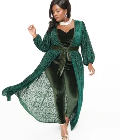 Unique Vintage Maxi|Midi & Maxi>Plus Size Green Velvet Burnout Hollywood Duster