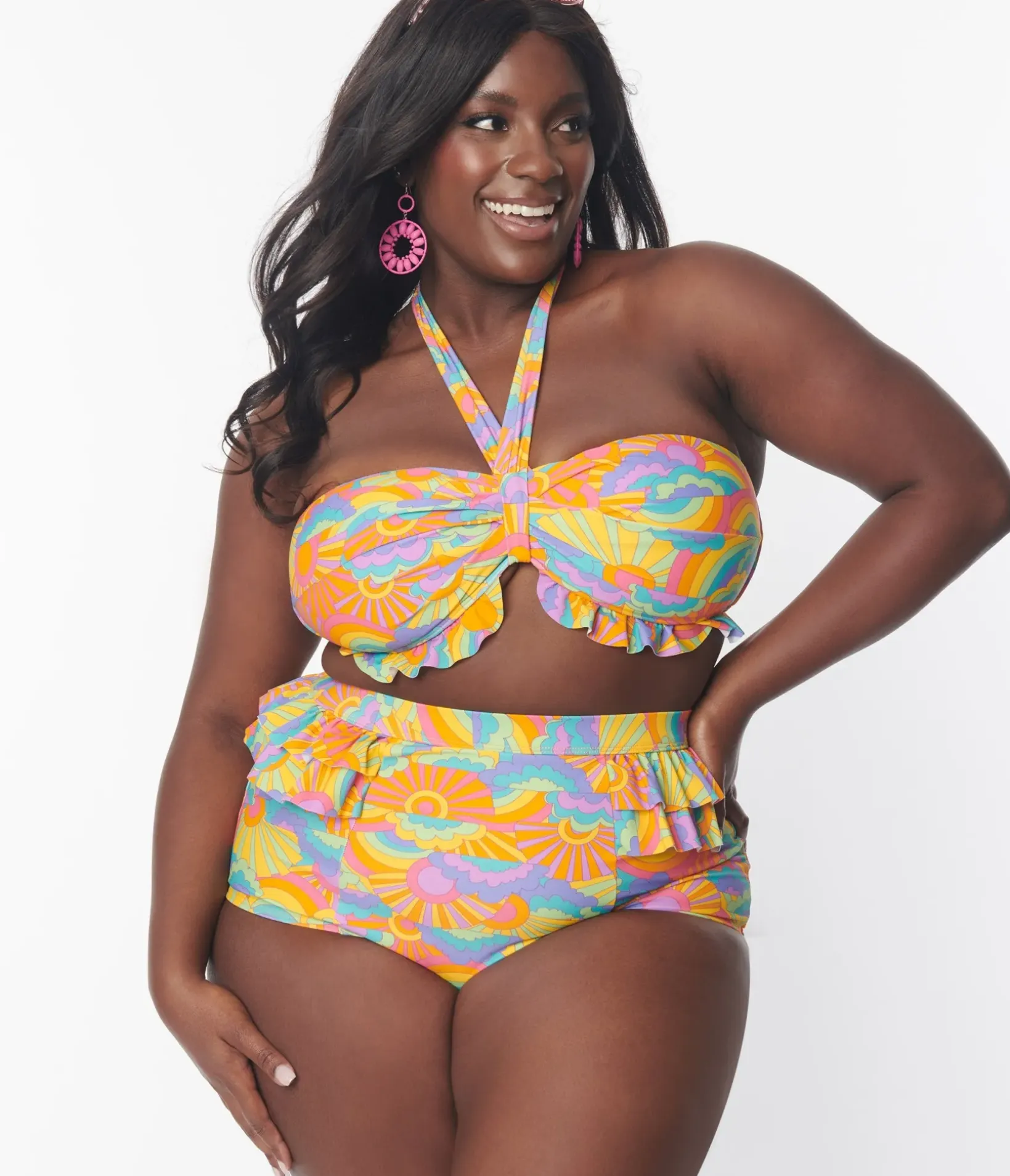 Unique Vintage Two Piece Swim|Swim Tops>Plus Size Happy Groovy Rainbow Twist Front Halter Swim Top