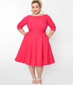 Unique Vintage Swing|Pocket Dresses>Plus Size Hot Pink Devon Swing Dress