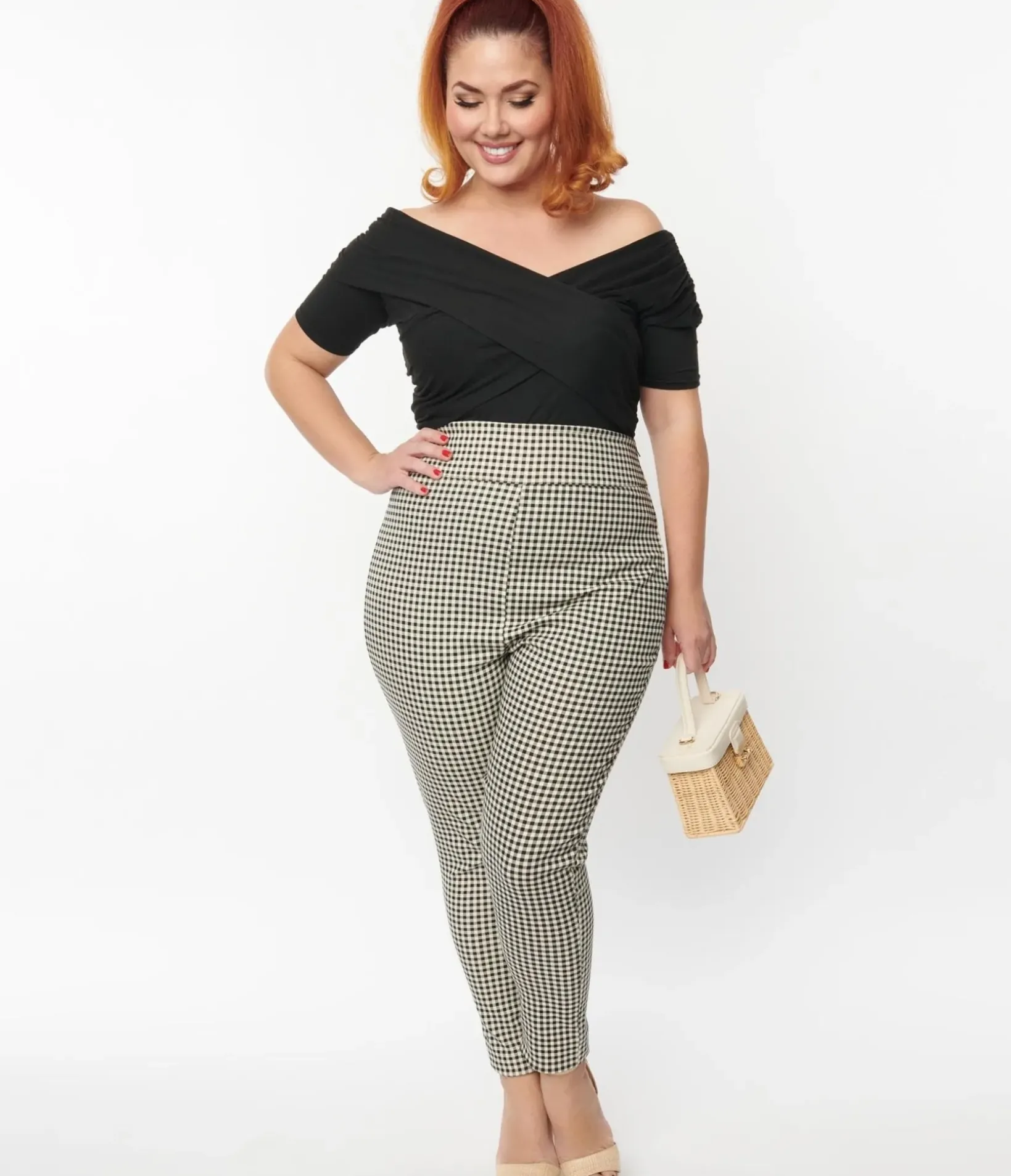 Unique Vintage Pants|Pants>Plus Size Ivory & Black Gingham Rizzo Cigarette Pants