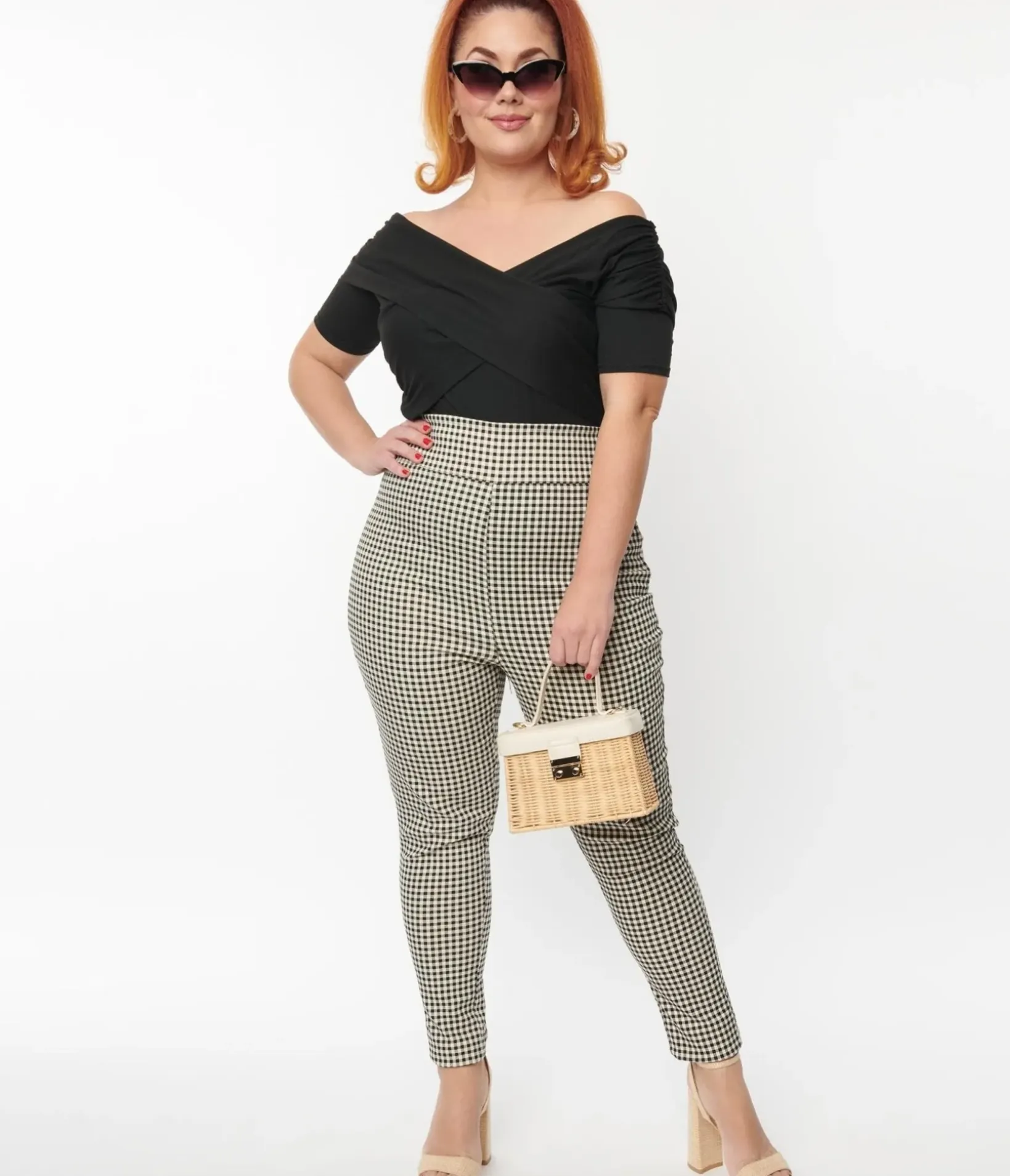 Unique Vintage Pants|Pants>Plus Size Ivory & Black Gingham Rizzo Cigarette Pants