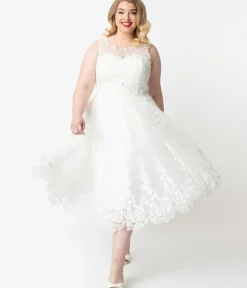 Unique Vintage Swing|Midi>Plus Size Ivory Lace & Tulle Riviera Bridal Dress