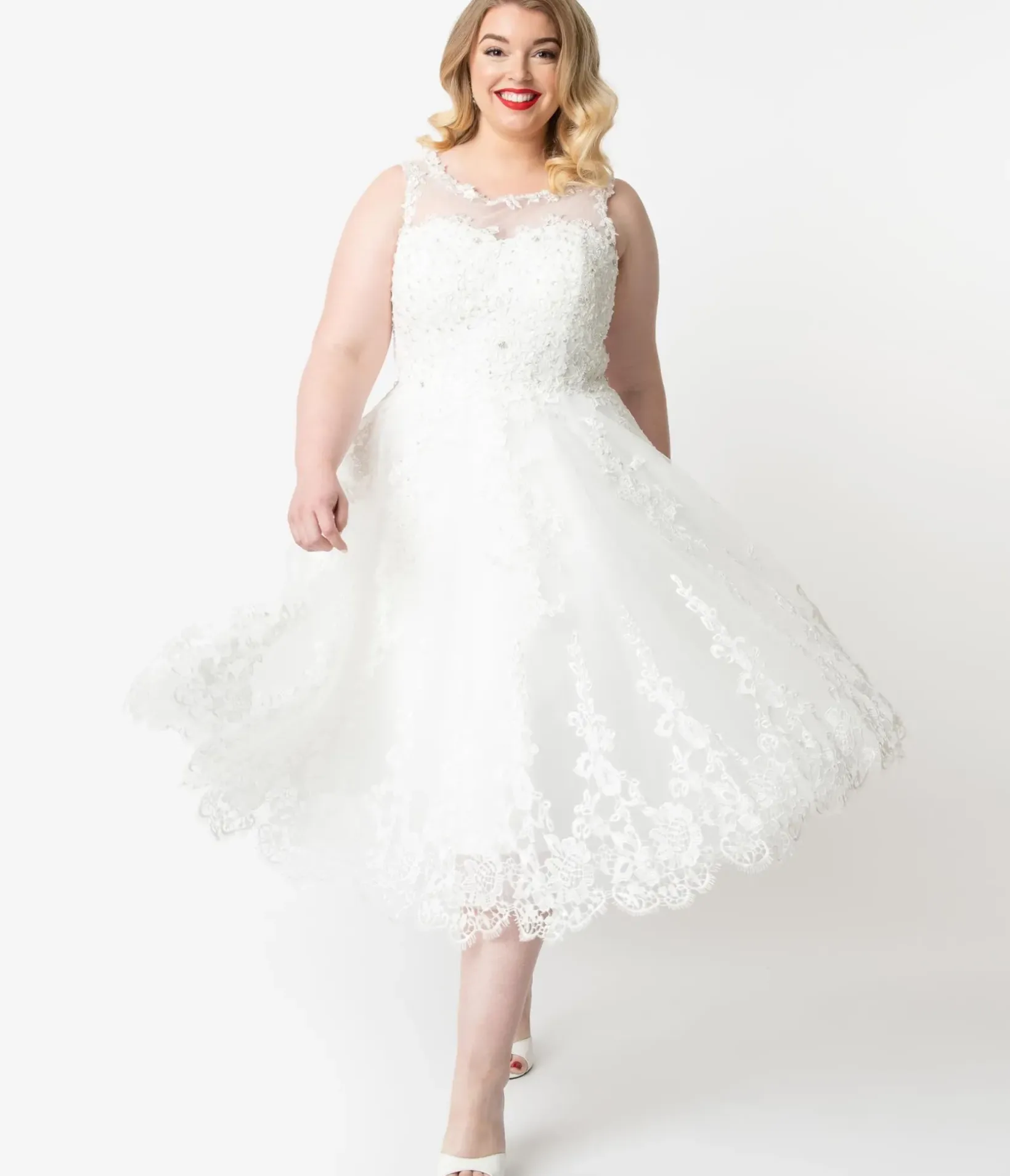 Unique Vintage Swing|Midi>Plus Size Ivory Lace & Tulle Riviera Bridal Dress