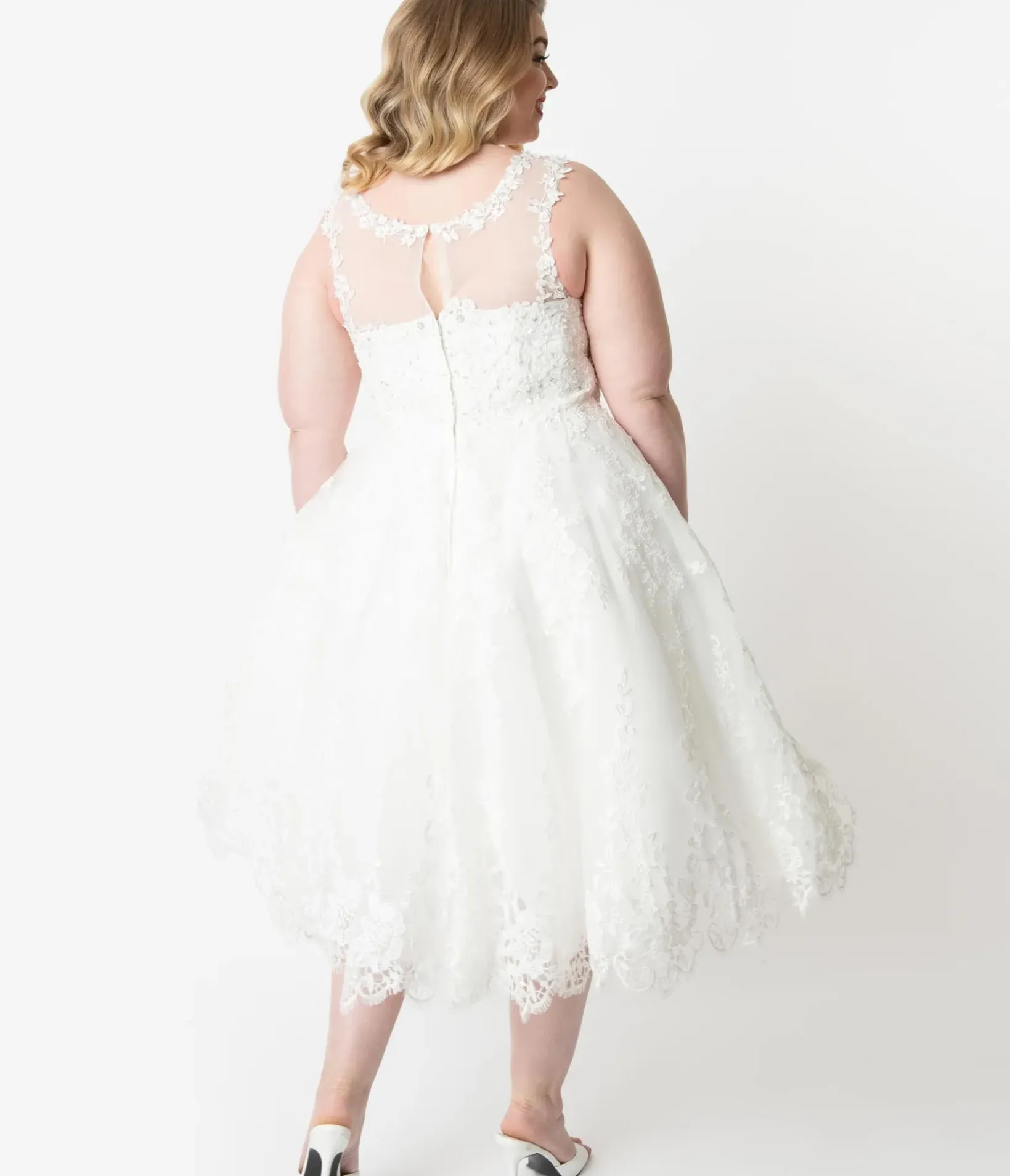 Unique Vintage Swing|Midi>Plus Size Ivory Lace & Tulle Riviera Bridal Dress