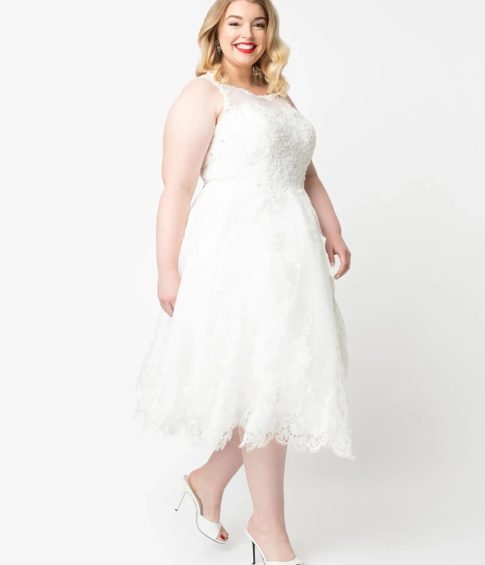 Unique Vintage Swing|Midi>Plus Size Ivory Lace & Tulle Riviera Bridal Dress