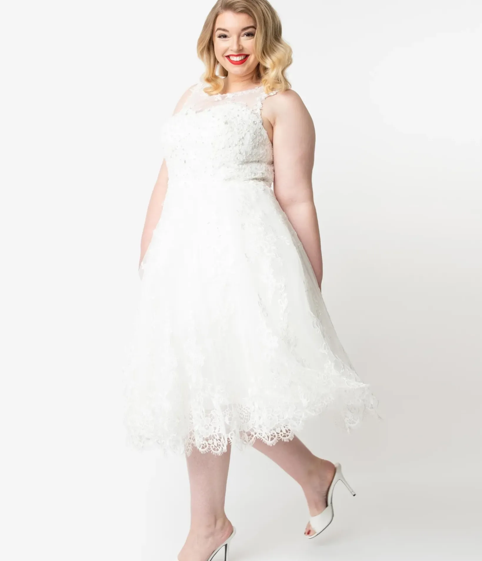 Unique Vintage Swing|Midi>Plus Size Ivory Lace & Tulle Riviera Bridal Dress