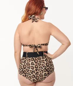 Unique Vintage Two Piece Swim|Swim Tops>Plus Size Leopard Print Monroe Halter Swim Top